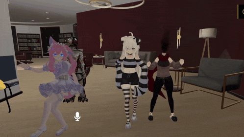 three anime characters are dancing in a room with a microphone in the middle