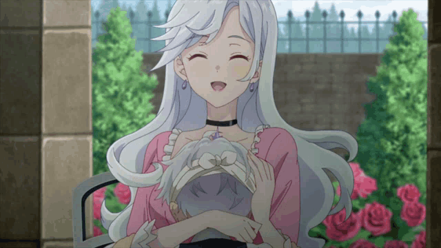 a woman with white hair is holding a child