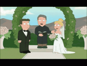 a cartoon of a bride and groom at a wedding ceremony