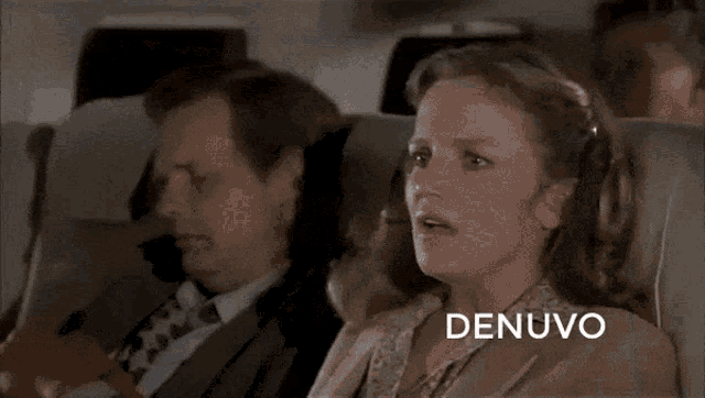 a group of people sitting on an airplane with the words software house and denuvo written on the bottom