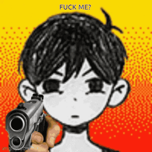 a person is holding a gun in front of a boy 's face with the words " fuck me " above him