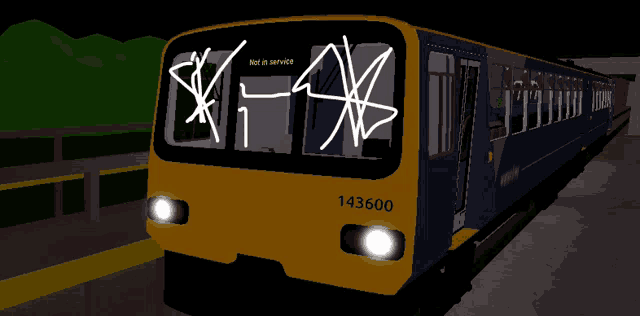 a yellow train with the number 143600 on the front