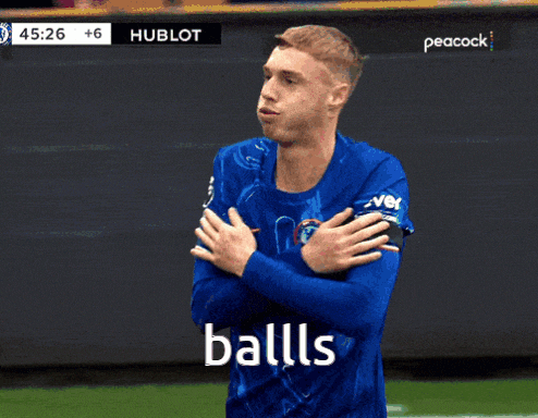 a man in a blue shirt with the word balls on it