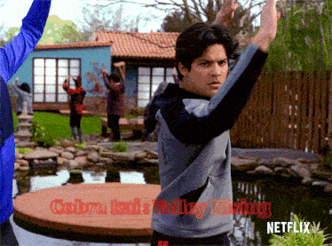 a poster for cobra kai 's valley rising shows a man doing karate