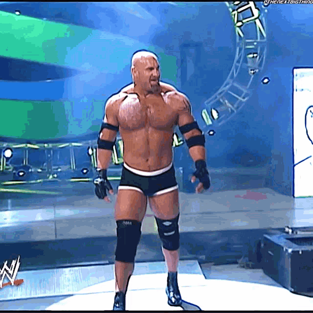 a man without a shirt is standing on a stage in front of a sign that says wwe