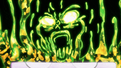 a cartoon drawing of a monster with green and yellow glowing eyes
