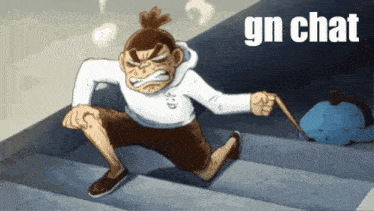 a cartoon character is running down a set of stairs with the words " gn chat " above him