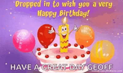 a birthday cake with a cartoon candle on it and balloons .