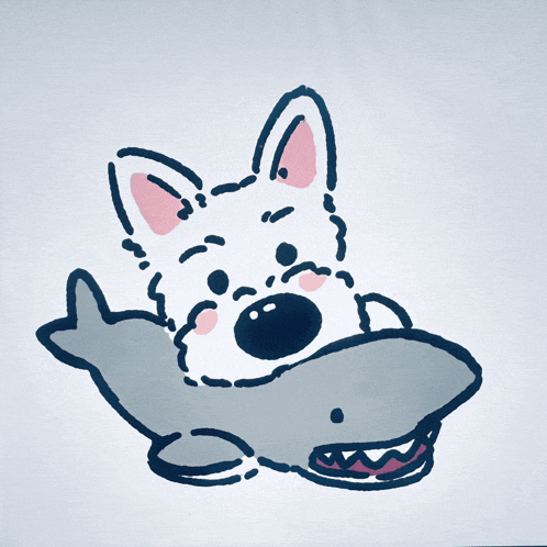 a drawing of a dog holding a stuffed shark