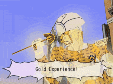 a cartoon of a cheetah holding an arrow with the words gold experience below him