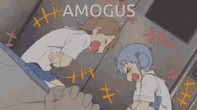 a cartoon of a girl being kicked by a person with the word amogus written on the bottom