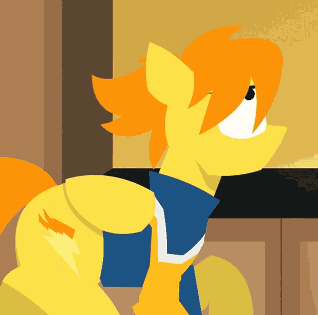 a cartoon pony with orange hair and a blue scarf around his neck