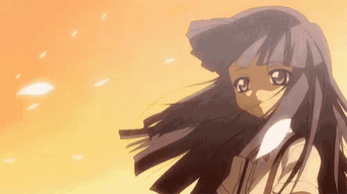 a girl with long black hair and a white shirt is standing in front of a sunset .