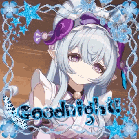 a girl with long white hair and purple eyes is surrounded by blue flowers and stars and says `` goodnight '' .