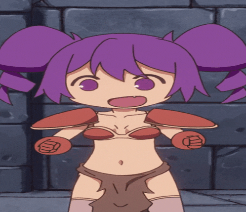 a cartoon character with purple hair and red armor stands in front of a brick wall