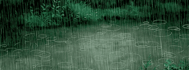 a painting of rain falling on a pond with trees in the background