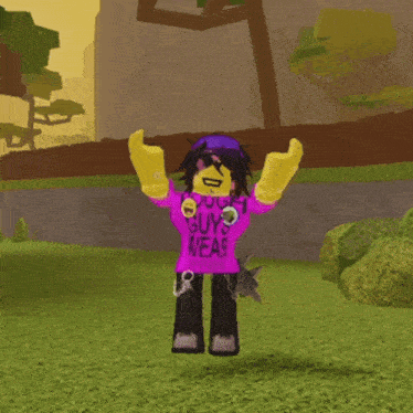a girl wearing a purple shirt that says guys wear