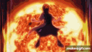 a cartoon character is standing in front of a huge fireball .