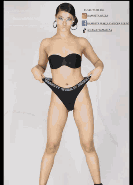 a woman in a thong is kneeling down with the words follow me on written on the bottom