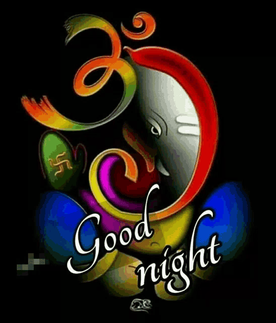 a colorful painting of a ganesha with the words `` good night '' written below it .