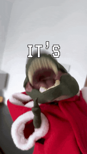 a person wearing a santa hat is holding a stuffed animal that says " it 's "