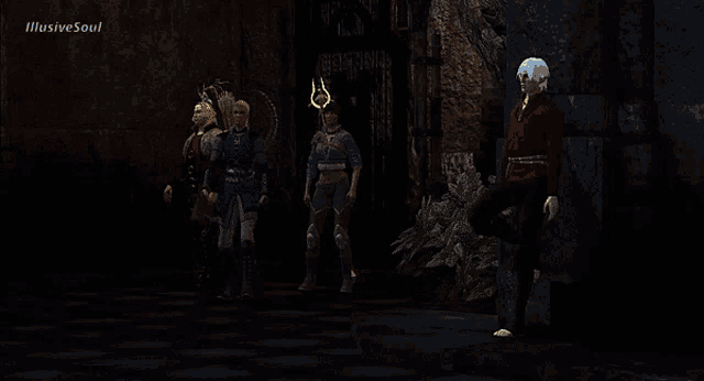 a group of people standing in a dark room with illusive soul in the corner