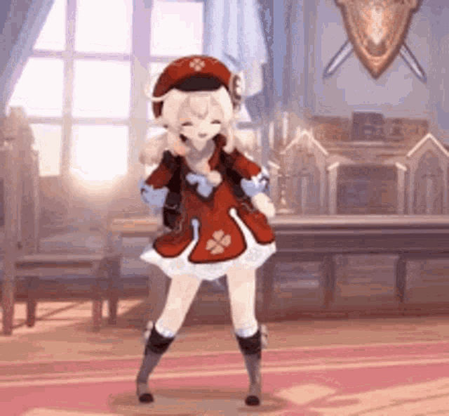 a cartoon girl is dancing in a room with a table and chairs .