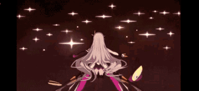 a girl with long white hair is standing in front of a bunch of stars in a dark room .