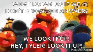 a group of sesame street characters are standing next to each other and talking .