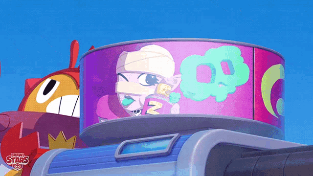 a brawl stars advertisement with a cartoon character on the top
