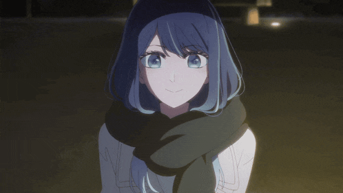 a girl with blue hair wearing a black scarf