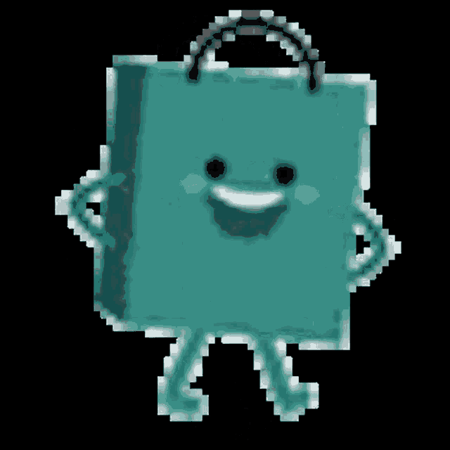 a pixel art of a shopping bag with a smiling face and arms and legs .