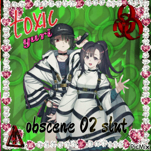a picture of a boy and a girl with the words toxic yuri obscene 02 slut