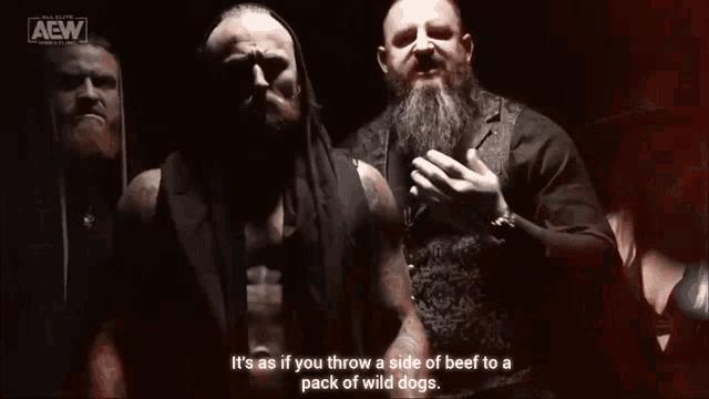 a group of bearded men standing next to each other with a aew logo on the bottom