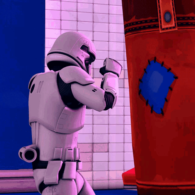 a storm trooper stands in front of a red bag with a blue patch on it
