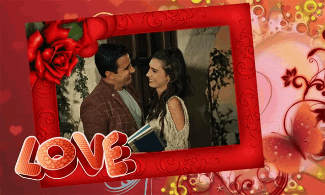 a picture of a man and woman in a red frame with the word love