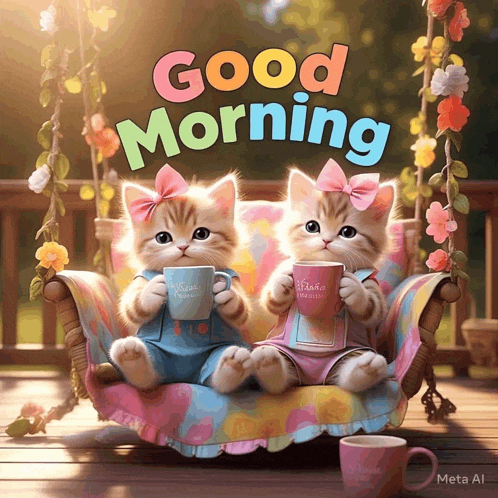 two kittens are sitting on a couch holding cups of coffee and a good morning sign