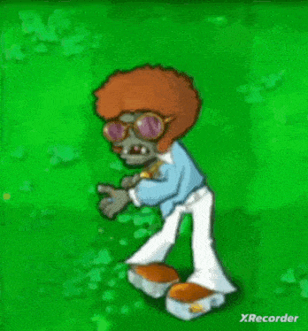 a cartoon zombie with an afro and sunglasses is standing on a skateboard on a green field .