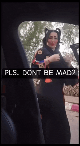 a woman in a cat costume is in a car and says pls. dont be mad