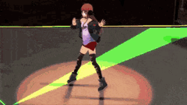 a girl is dancing in a video game with green lights behind her
