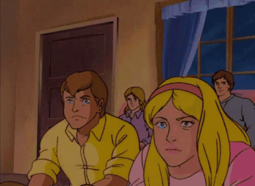 a group of cartoon characters including a girl with tears on her face