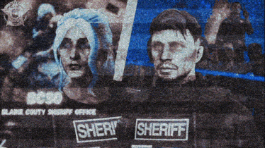 a man and a woman are standing next to each other and the sheriff 's office is visible in the background