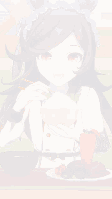 a girl with a purple headband is eating rice from a bowl with chopsticks