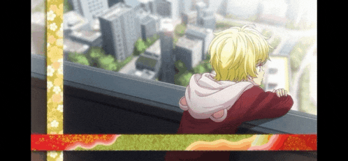 a cartoon character is looking out over a city