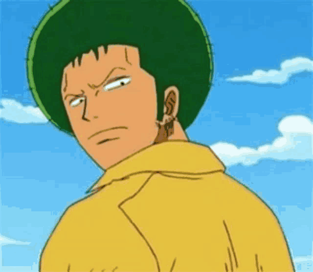 a cartoon character with a green hat and a yellow jacket is looking at the camera .