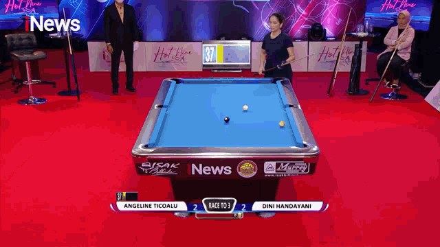 a pool table with the word news on the side