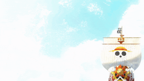 a seagull is flying over a pirate ship with a sun on top