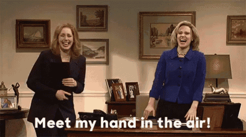 two women standing next to each other with the words meet my hand in the dir on the bottom