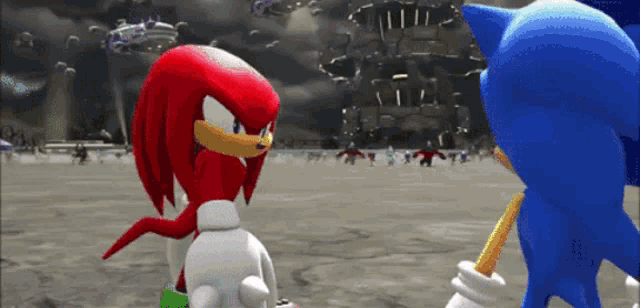 sonic the hedgehog and knuckles are standing next to each other in a video game