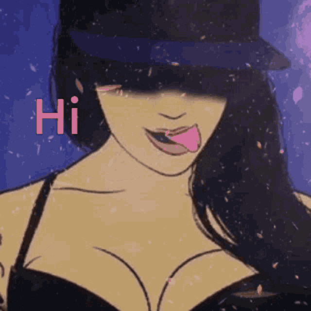 a cartoon of a woman sticking her tongue out with the word hi in the corner